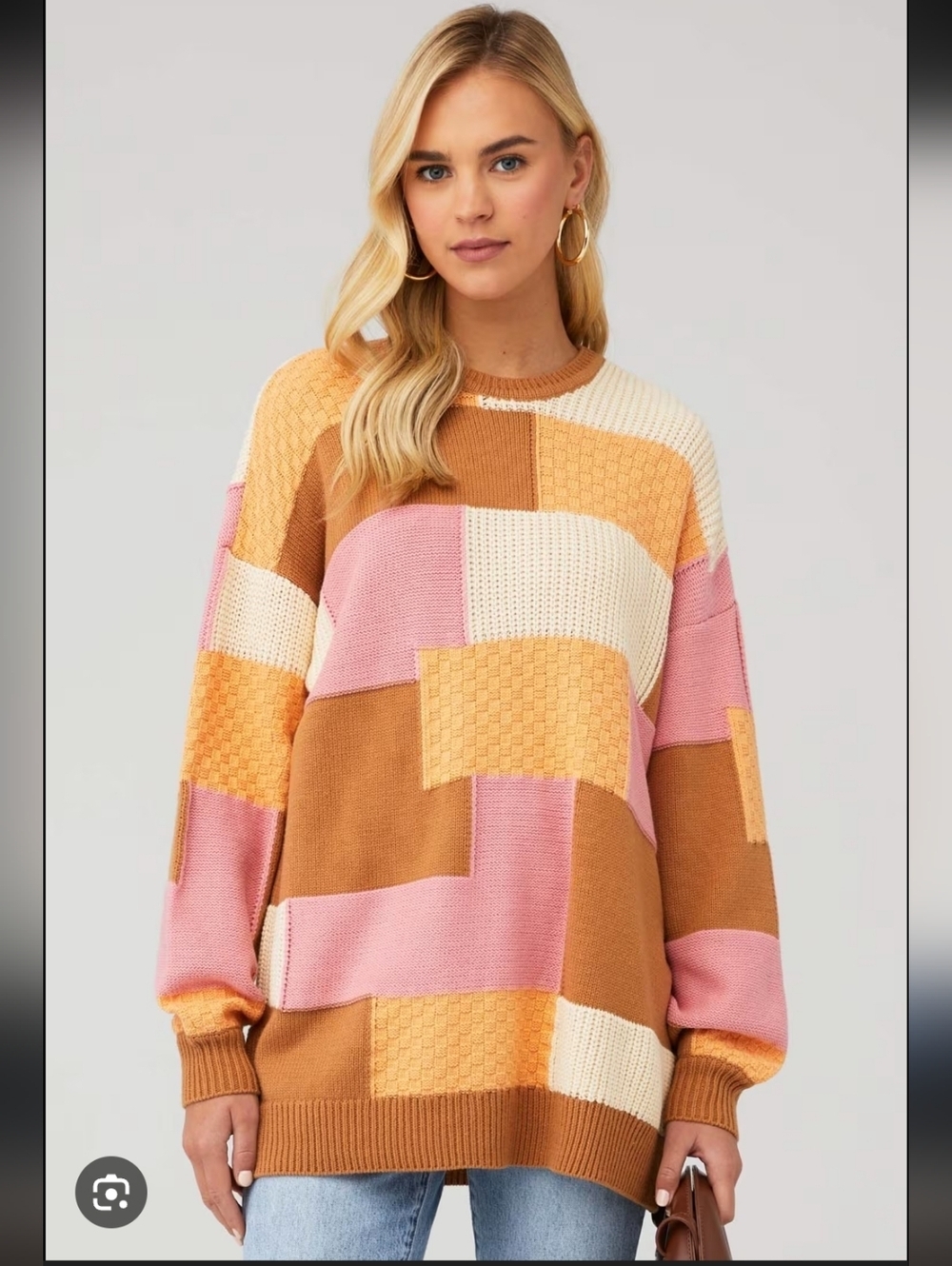 Show Me Your MuMu Patchwork Colorblock Crewneck Sweater - Pink, Cream & Brown_XS